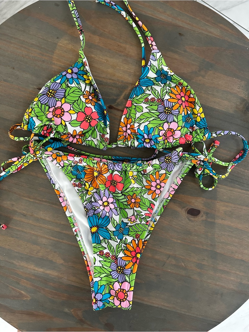 wild fable women’s Floral Tie-Side Bikini in Green, Blue, Orange, Pink.